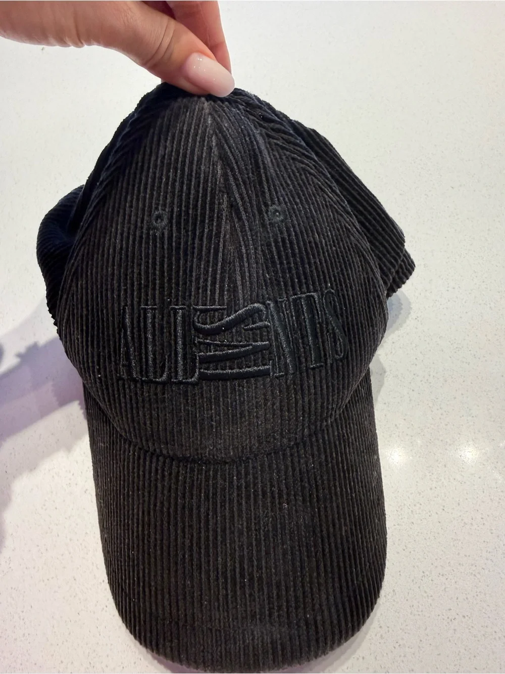 AllSaints Black Corduroy Baseball Cap with Embroidered Logo